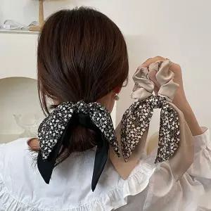 플라워 패턴 이중 리본 머리끈 실크 스카프 곱창 밴드 EBI3+4UnN