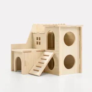 난쟁이 햄스터 저빌 쥐를 위한 천연 목재 소형 동물 케이지 액세서리 - 구조물이 있는 통풍 설계 멀티 챔버