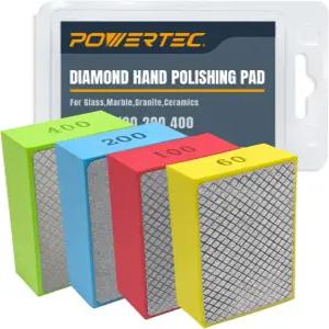 파워텍 다이아몬드 핸드 폴리싱 패드 모듬 60/100/200/400 그리츠 4팩 도자기 연마 및 연마용 샌딩 블록