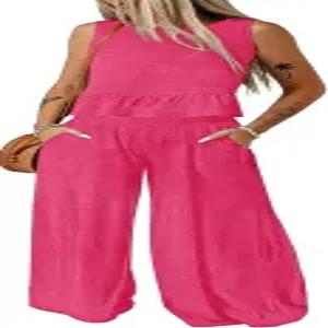 도코투 팬츠 세트 여성용 2피스 민소매 라운드넥 탱크톱 탄력 허리 와이드 레그 매칭