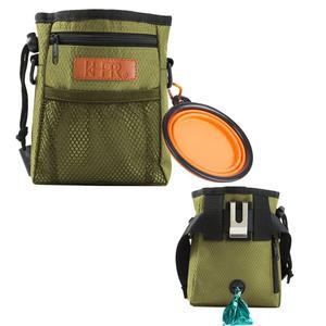 애완동물 장난감 키블을 쉽게 휴대할 수 있는 K R 반려견 간식 훈련 파우치, 내장형 배변 봉투 디스펜서 3가지 착용 방법은 접이식 실리콘 볼(아미 그린)과 함께 제공됩니다