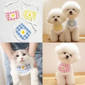 프라픽  데이지 자수 패치 레이스 체크패턴 강아지 고양이 케이프 목걸이 턱받이