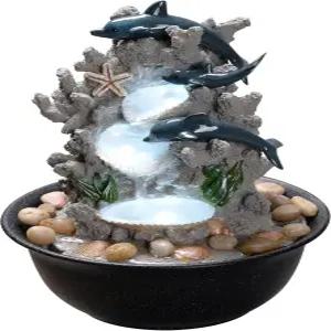 LED 조명이 있는 실내 테이블탑 돌핀 워터 분수 오션 테마 책상 장식과 리버 락 수면 및 사무실을 위한