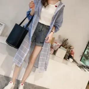 체그 패턴으로 가을에 가디건처럼 걸쳐 입기 좋은 모자달린 셔츠 롱한 기장으로 체형커버 가능