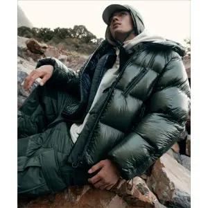 무신사스탠다드 시티 레저 시어 립스탑 후디드 다운 숏 패딩 재킷 카키 1631726