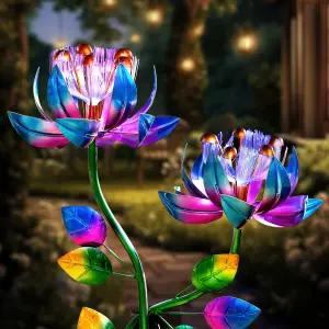 마당과 정원을 위한 태양광 풍력 스피너 블루 트윈 플라워 잔디 파티오 마당 금속 바람 야외 조각을 풍차