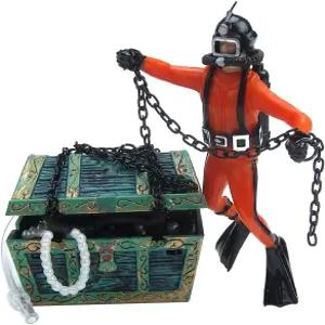 치 실사 수족관 장식물 창작 해저 보물 상자 다이버 에어 버블러 어항 장식 주황색