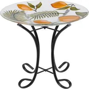 야외 마당 정원 장식용 금속 스탠드가 있는 맘탑 유리 조류 목욕 18인치 지름 레몬 장식 그릇 21.65인치