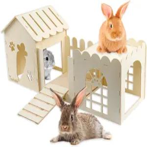 난쟁이 토끼 기니 돼지 친칠라 고슴도치 다람쥐를 위한 대형 나무 은신처 다중 챔버 소형 동물 성곽 케이지