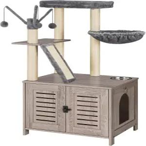 쓰레기통 인클로저가 있는 후브로 고양이 나무 긁는 기둥이 44인치 높이의 타워 캣 해먹 숨겨진 가구