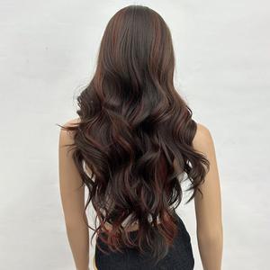 30 인치 브라운 레드 그라데이션 나비 머리 긴 물결 모양의 곱슬 가발 (Bangs 포함) 할로윈 파티를위한 여