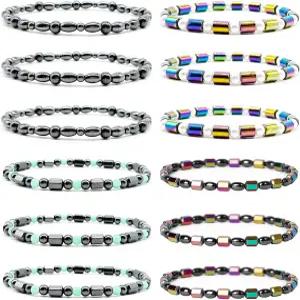 SROBENZ 12개 마그네틱 테라피 헤마이트 발찌 팔찌 에너지 치유 세트 남성 림프 배액 항불안 옵시디언 비치