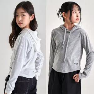 [모데쯔]주니어 10대 봄 골지 후드 티셔츠 등교 스쿨룩 10대 초등여아 데일리