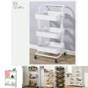 모던 스틸 트롤리 이동식 손잡이 철제 3단 카트/틈새/선반/팬트리/수납장/다용도/세탁실/창고/이동/다용도