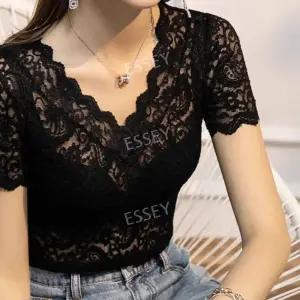 여름 라인댄스복 레이스 브이넥 왈츠 슬림핏 시스루 밸리 라틴 줌바 상의 티셔츠 반팔 탱고