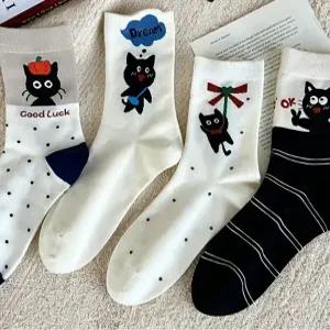 귀여운 고양이 패턴 여성 양말 4종 세트 | 데일리 캐릭터 중목양말