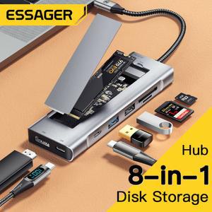 디스크 저장 기능이 있는 Essager 8-in-1 USB 허브 Pro Air M1 M2용 HDMI 호환 노트북 도킹 스테이션에 USB Type-c
