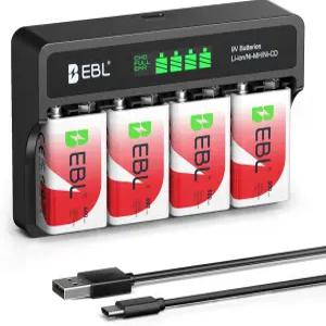 EBL 9V 충전식 배터리 600mAh 리튬 이온 4팩 및 9볼트 이온/Ni-MH LCD 충전기