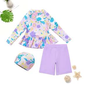 아동 플라워 래쉬가드 프릴 반바지 레깅스 수영모 3종 세트