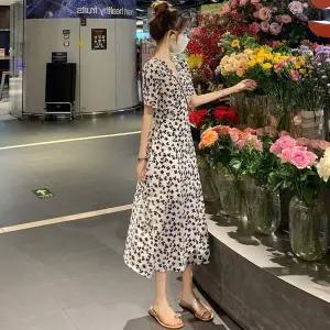 여성 QI91DT95 여름 러블리 크로바패턴 브이넥 반팔 롱원피스