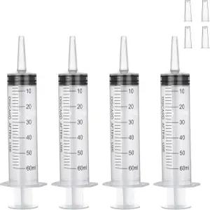 액체용 60mL 플라스틱 주사기 4팩 - 액체 관개 측정 및 과학 실험실용 바늘이 없는 대형
