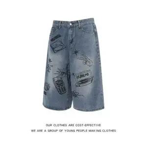 남성패션 청반바지 여름 스트리트 그래피티 프린트 데님 반바지 빈티지 칠부바지 다옴2 힛템