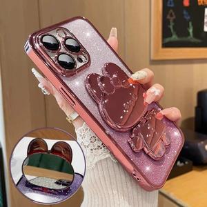 럭셔리 토끼 거울 전화 홀더 그라디언트 반짝이케이스 아이폰 16 Pro Max Plus 스탠드 커버 (렌 필름 포함)