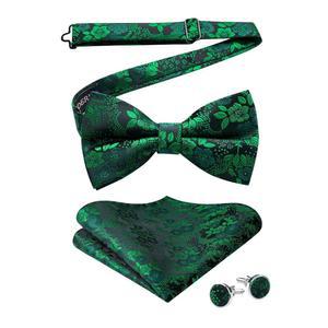 HISDERN 남성용 나비 넥타이 미리 묶인 플로럴 페이즐리 손수건 클래식 포멀 보타이 및 포켓 스퀘어 커프스 단추 세트