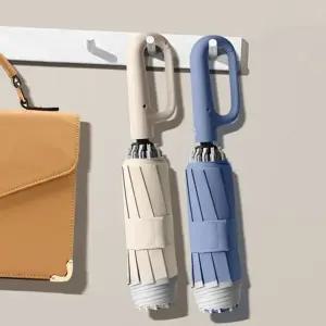 거꾸로 자동 우산 버튼식 빗물받이 접이식 3단 자동 우산 휴대용 방수 방풍 가방 걸이