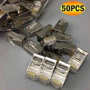 10 50PCS CAT7 CAT6 CAT5 차폐 RJ45 모듈러 플러그 네트워크 커넥터를 통한 통과 없음 이더넷 케이블 UTP 30 금도금 엔드