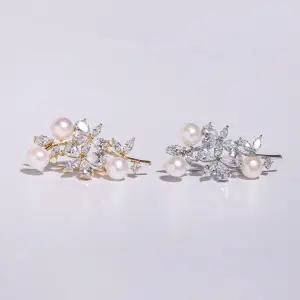 시후주얼리 세 알 진주 큰 큐빅 꽃나무 브로치 CY136C