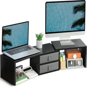 TEAMIX 듀얼 모니터 스탠드 라이저 서랍 길이 및 각도 조절 가능한 3 선반 수납 책상 정리함 대형 컴퓨터