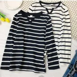 여성 스트라이프 브이넥 긴팔 티셔츠 봄 단가라 캐주얼 티