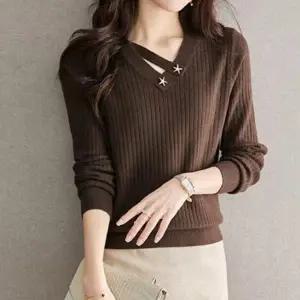 ( )여성 골지 브이넥 봄 가을 긴팔 니트 티 Brown 니트티 봄니트 여자 간절기 티셔츠