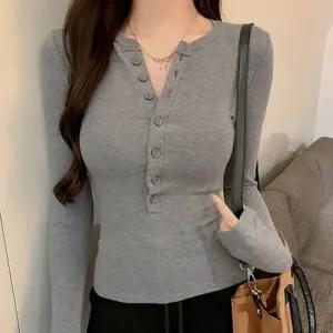 여성 골지 봄 단추 슬림 봄가을티셔츠 긴팔 가을 슬림티셔츠 라운드