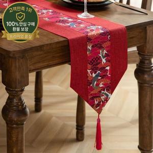 새해용 면 린넨 레드 중국풍 테이블 러너 태슬 장식 빈티지 테이블보 행운의 물고기 프린트 테이블 커버 테
