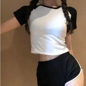 배색 나그랑 여름 코튼 면 크롭 슬림핏 반팔 티셔츠 숏 티셔츠