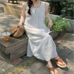 나시원피스 롱 청순 여름 펀칭원피스 화 민소매 리본