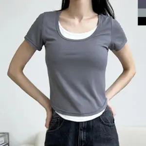 여성 페이크 레이어드 반팔티 1P 스쿱넥 티셔츠 여름