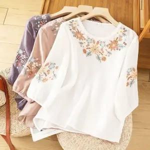 은창]내츄럴 보태니컬 자수 린넨 면 혼방 티셔츠 여름 상의 여름 퍼프 반팔 상의 블라우스 티셔츠 셔츠