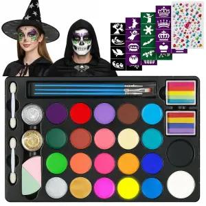 페이스 페인팅 키트 - 스텐실 브러시 스펀지가 포함된 24가지 컬러 워터 기반 무독성 할로윈 생일 파티에