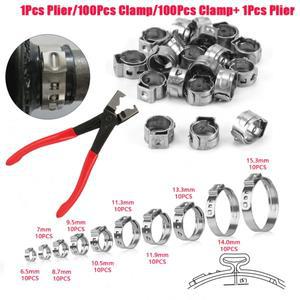 100개 싱글 이어 호스 클램프플라이어 포함 OR 클램프 1개 플라이어 304 스테인리스 스틸 클립 링