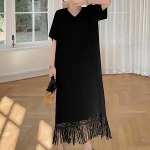 주름원단 밑단 다이아자수 프린지 블랙원피스 일자핏 xrE1+2TMG