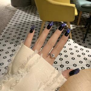 10pcs 하이 엔드 플래시 밝은 검정색 보라색 어두운 시스템 긴 수제 가짜 손톱 진한 오로라 여성 네일 패치