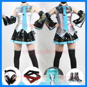 미쿠 코스프레 풀 세트 실버 그레이 특허 가죽 패브릭 슈트 신발 모자를 쓰고 있죠 의상 복장 JK 유니폼