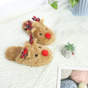 크리스마스 순록 슬리퍼 미끄럼 방지 만화 사슴뿔 면 플러시 플랫 통기성 부드러운 슬립온 푹신한 홈 슈즈