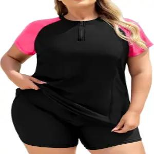 쿠트리 플러스 사이즈 투피스 래쉬가드 여성 반팔 수영복 집업 브라 내장