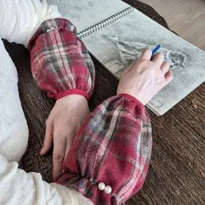 진주 장식 체크무늬 방한 짧은 미술 팔토시 한쌍