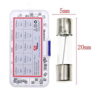 50Pcs 5x20mm 느린 블로우 유리관 퓨즈 모듬 상자 키트 T1A 2A 3A 3.15A 4A 5A 6.3A 8A 10A