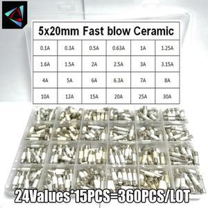 360피스 24 값 5x20mm 고속 블로우 세라믹 퓨즈 250V 0.1A 0.25A 1A 2A 3A 3.15A 4A 5A 6A 6.3A 8A
